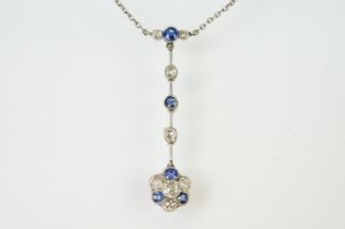 Early 20th Century Edwardian sapphire and diamond pendant necklace. The necklace having a pendant