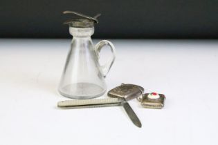 Group of silver items to include an Edwardian silver topped whisky toddy jug with glass body (