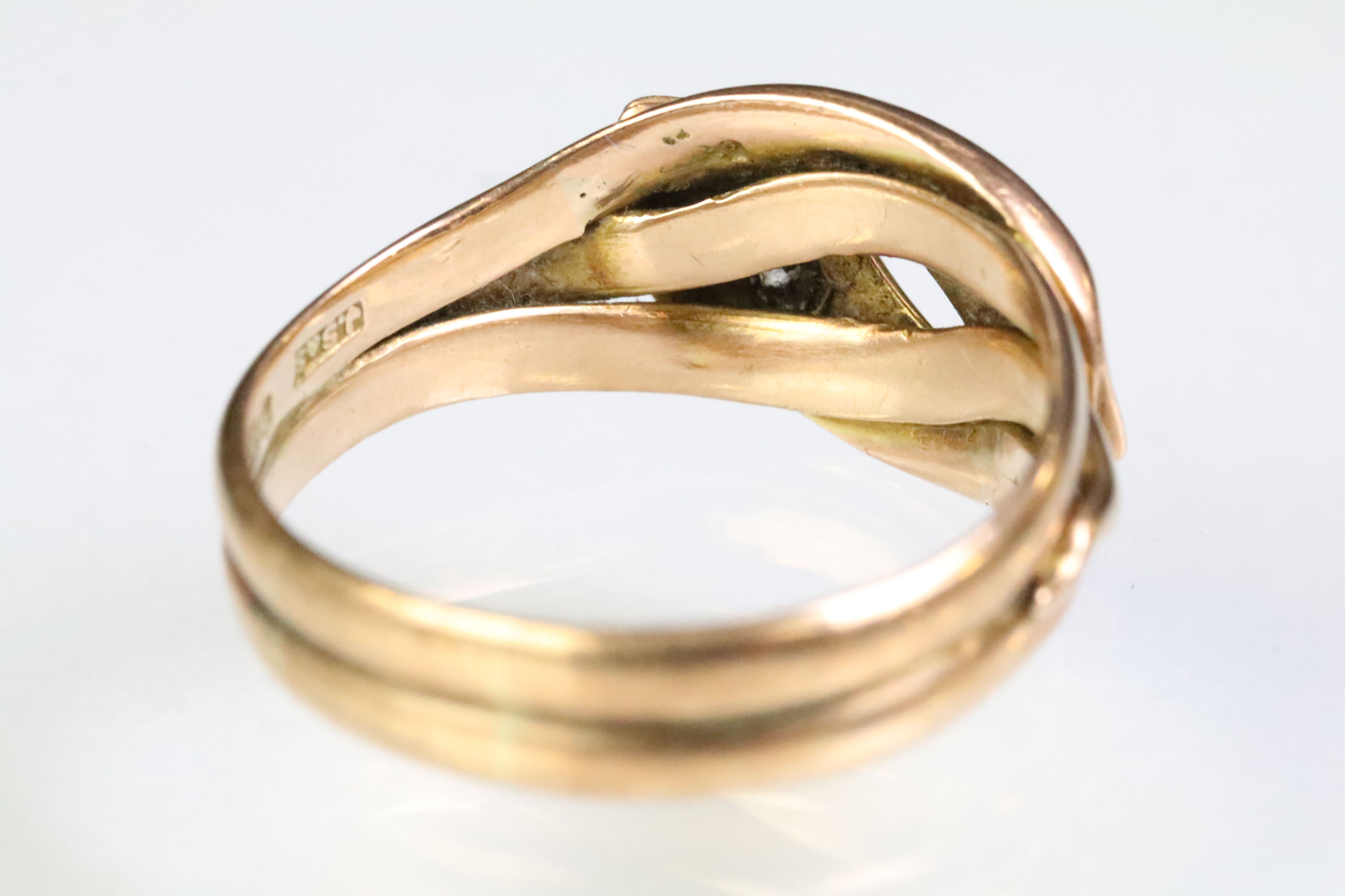 9ct gold and diamond antique snake ring in the form of two entwined snakes, each with a round single - Image 4 of 5