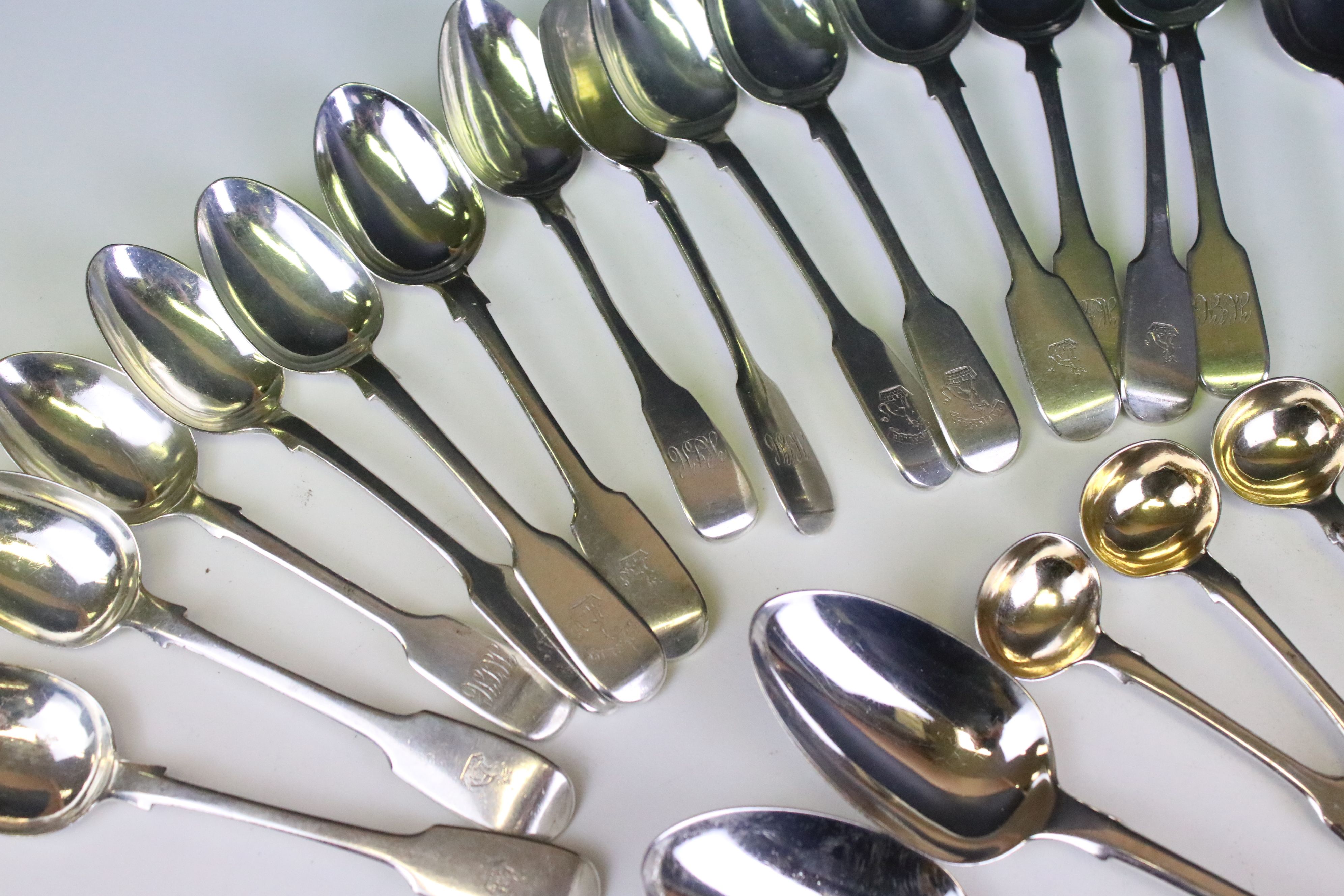 Collection of silver fiddle pattern flatware, mostly Victorian, to include dessert spoons, dessert - Image 2 of 10