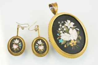 19th Century Victorian pietra dura demi parure suite. The lot includes a large pendant brooch with