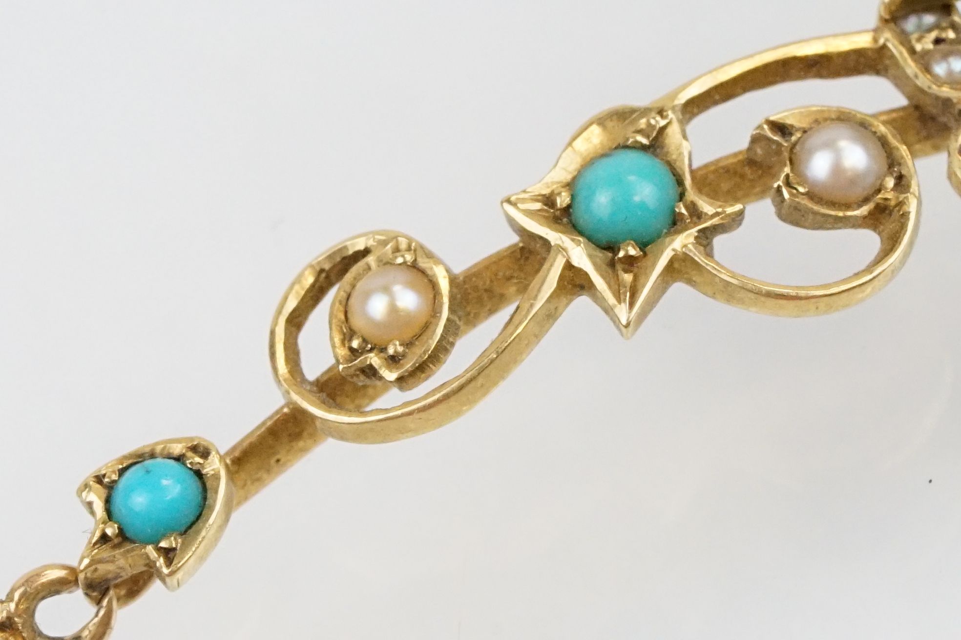 19th Century Victorian 15ct gold, seed pearl and turquoise collar necklace. The floral articulated - Image 9 of 11