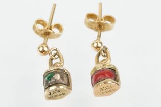 Pair of vintage mid 20th Century 9ct gold hallmarked and enamelled lantern drop earrings. One