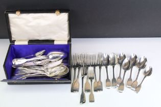 Part canteen of early Victorian fiddle pattern silver cutlery, London 1840, by Mary Chawner & George