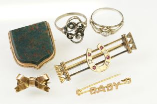 Assortment of jewellery to include Victorian horse shoe bar brooch set with rubies and diamonds,