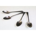 Set of four 18th Century silver spoons each having rounded terminals with bright cut borders and