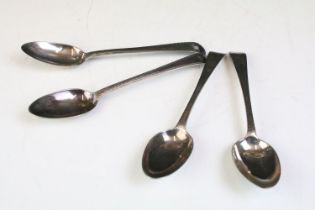 Set of four 18th Century silver spoons each having rounded terminals with bright cut borders and