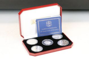 A Pobjoy Mint silver proof 25th anniversary of the liberation of the Falkland Islands five coin