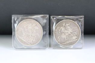 Two British Queen Victoria (Jubilee Head) silver full crown coins to include 1888 and 1887 examples.