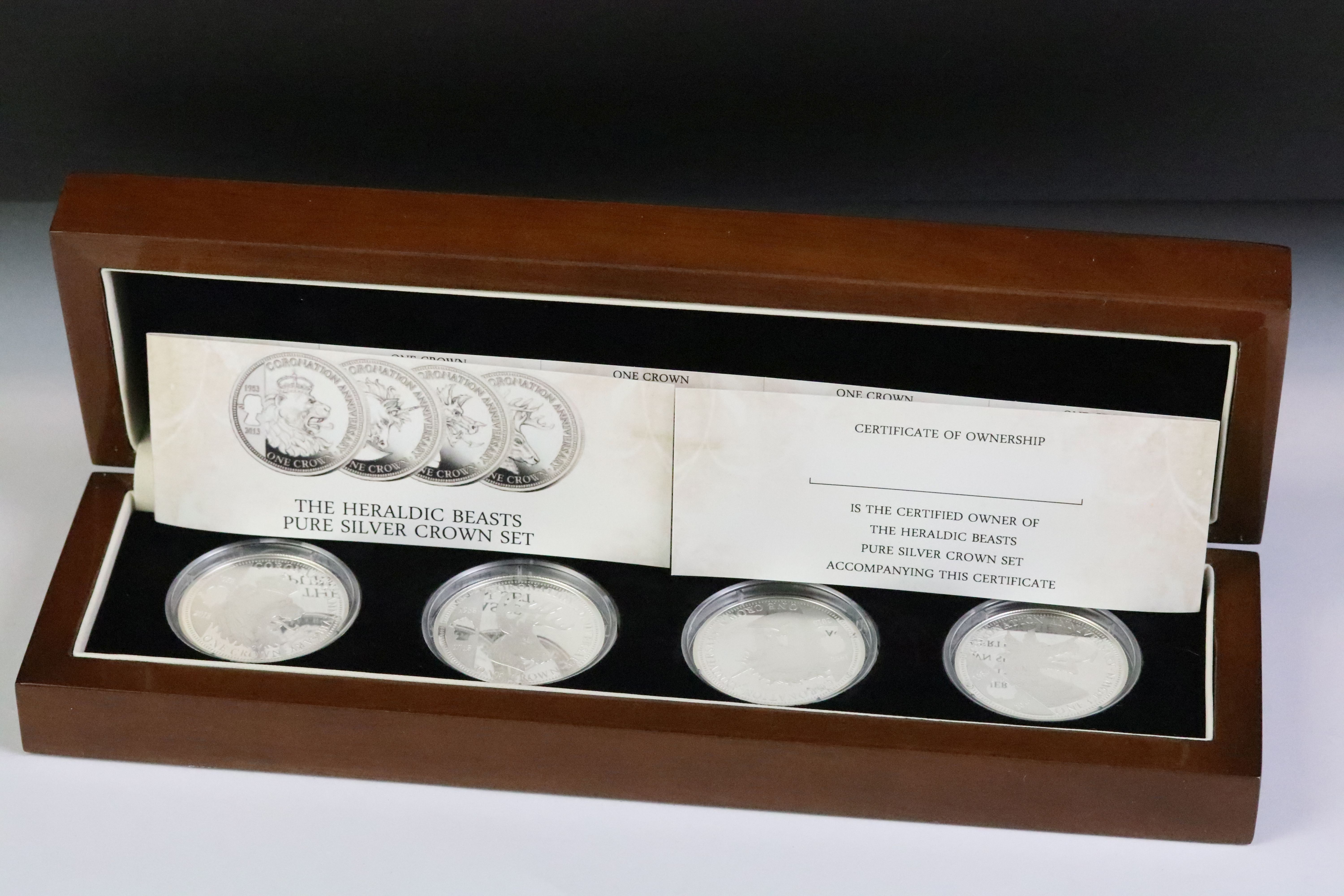 The London Mint The Heraldic Beasts 2013 pure silver crown four coin set, in fitted box and complete