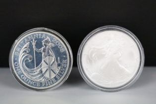 A 2008 Britannia fine silver one ounce coin together with a United States 2007 one ounce fine silver