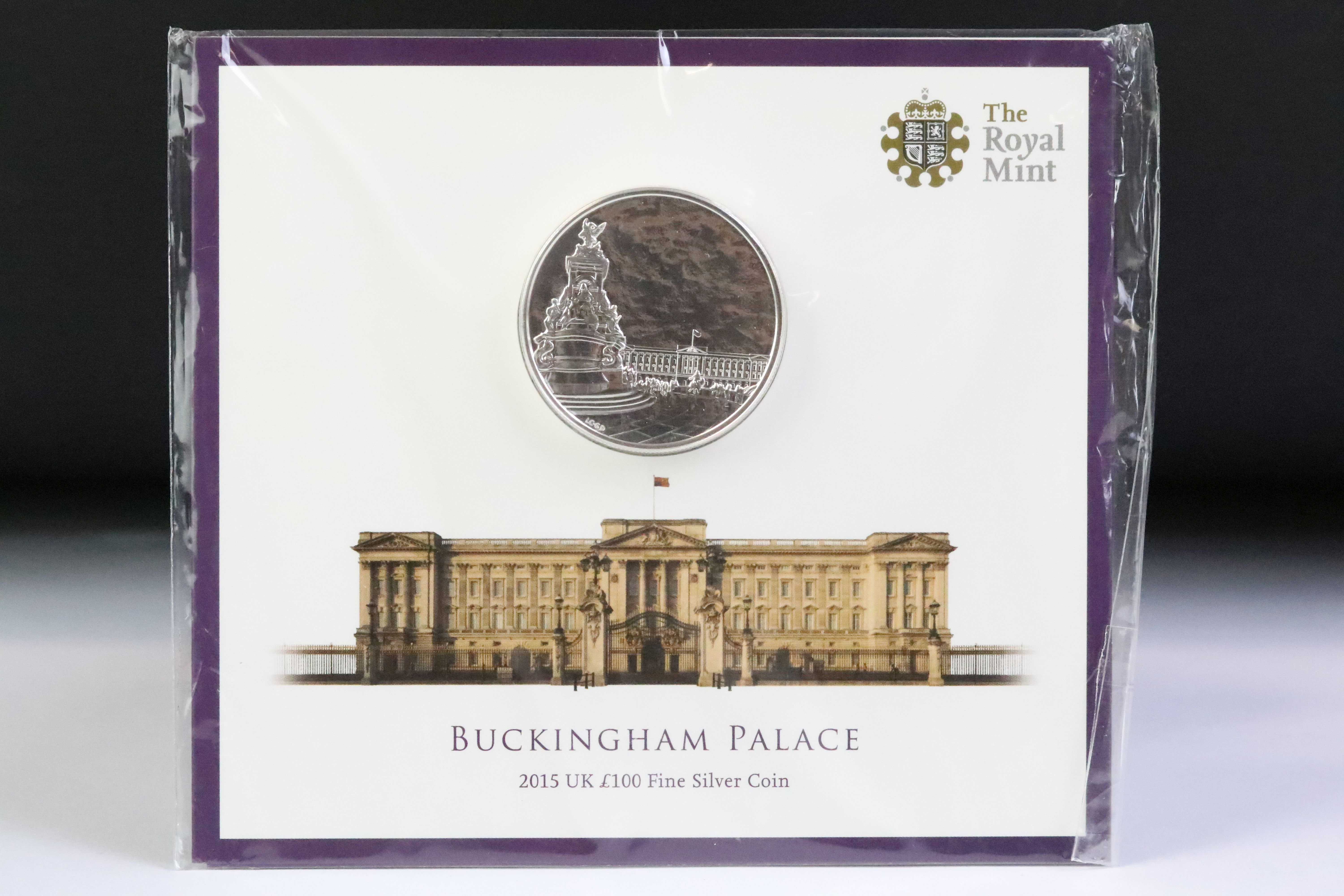 A Royal Mint United Kingdom 2015 'Buckingham Palace' £100 fine silver coin.