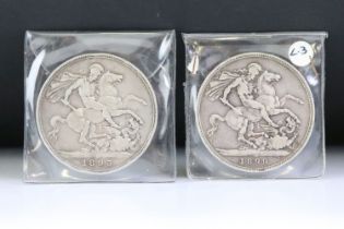 Two British Queen Victoria (Veiled Head) silver full crown coins to include 1893 and 1899 examples.