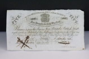 A States of the Island of Jersey, interest-bearing note for £5, 1 September 1840, serial number