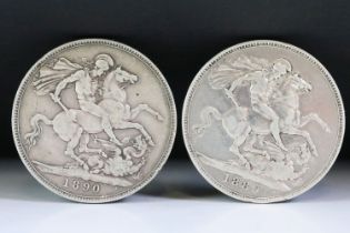 Two British Queen Victoria (Jubilee Head) silver full crown coins to include 1889 and 1890 examples.