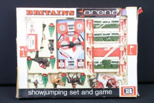 Boxed Britains 7580 Showjumping figure set and game, including 5 mounted riders, 4 horses, various
