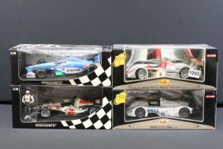 Four boxed 1/18 scale racing car diecast models to include 2 x Paul's Model Art Minichamps models