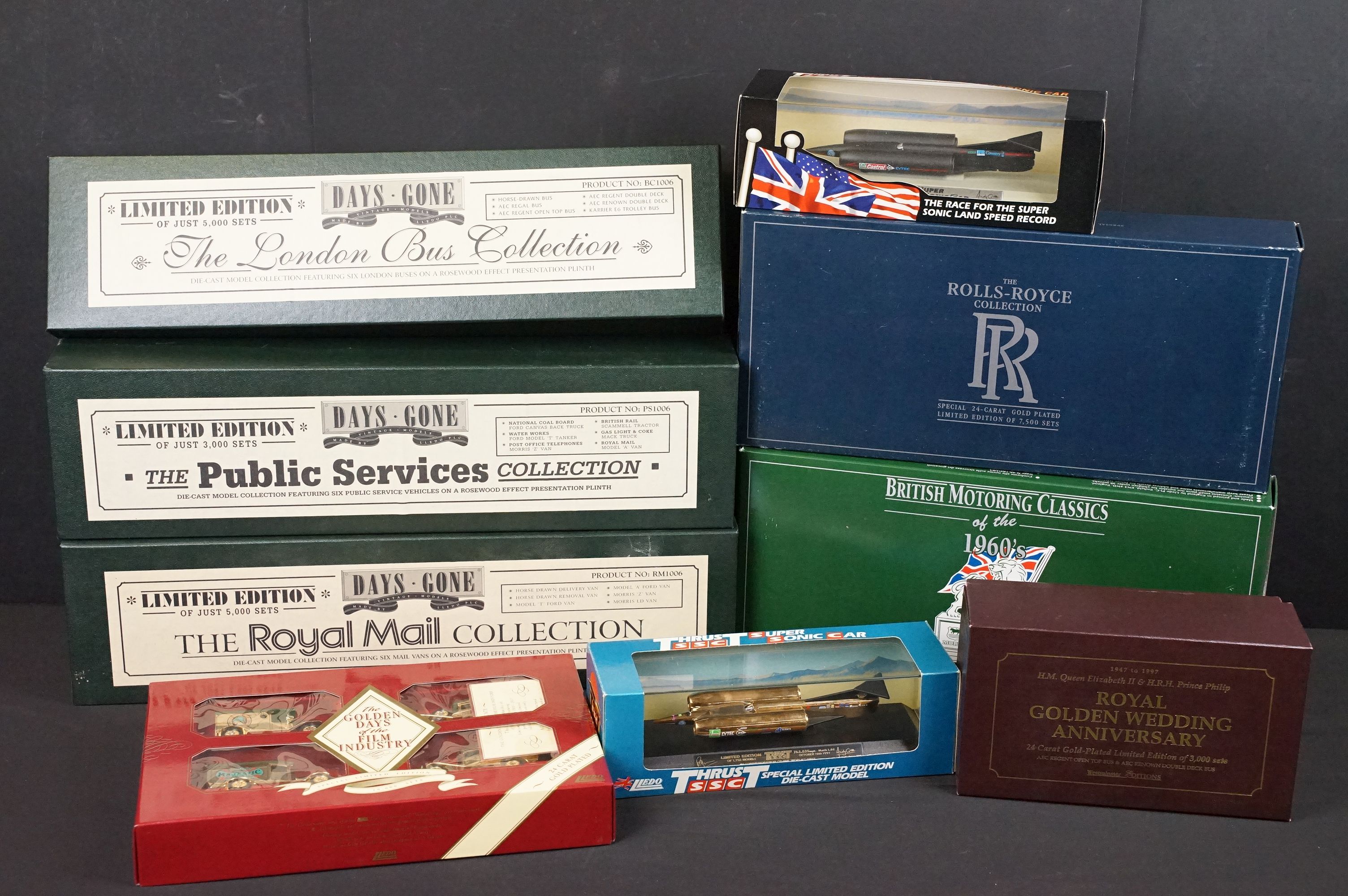 Nine boxed ltd edn Lledo diecast & gold plated diecast models and sets to include The Royal Mail