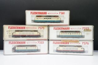 Five cased Fleischmann Piccolo N gauge locomotives to include 2 x 7333, 7375, 7376 & 7381
