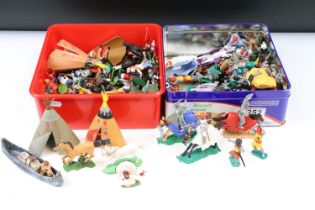 Collection of Timpo / Britains plastic Knights & Wild West figures in varying conditions (2 boxes)