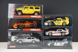 Six boxed / cased slot cars to include 3 x Fly Car models featuring Corvette C5R GTS Texas ALMS