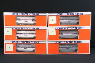 Ex Shop Stock - Trade box of 6 x boxed Lionel O gauge 1-9100-006 Amtrack rolling stock to include