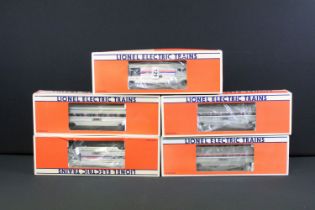 Five boxed Lionel O gauge Amtrak items of rolling stock to include 6-19101 Combo Car, 6-19105