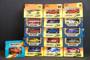 16 Boxed Matchbox diecast models to include MB-2, MB-66, MB-17, MB-43, MB-7, MB-59, MB 49, Ford