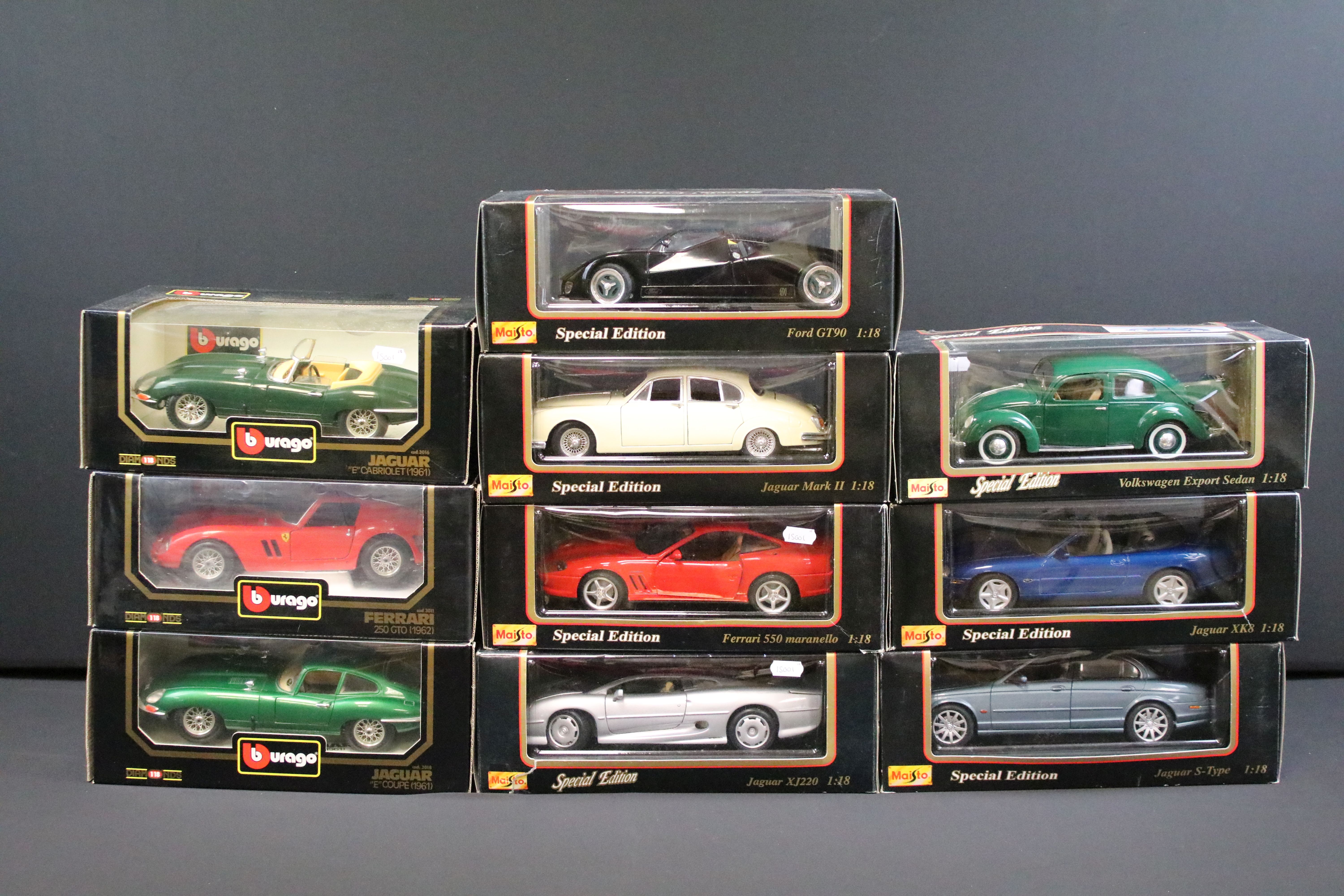 Seven boxed Maisto 1/18 Special Edition diecast models to include Jaguar XJ220, Jaguar Mark II,