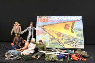 Action Man - Six Palitoy Action Man figures with a quantity of weapons, empty Skyhawk box, clothing,