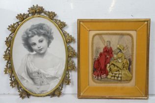 1893 Framed Victorian Ladies Fashion Engraving Collage with applied fabric together with a Gilt