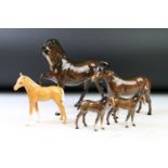 Five Beswick porcelain horses / foals to include four brown gloss examples (prancing stallion,