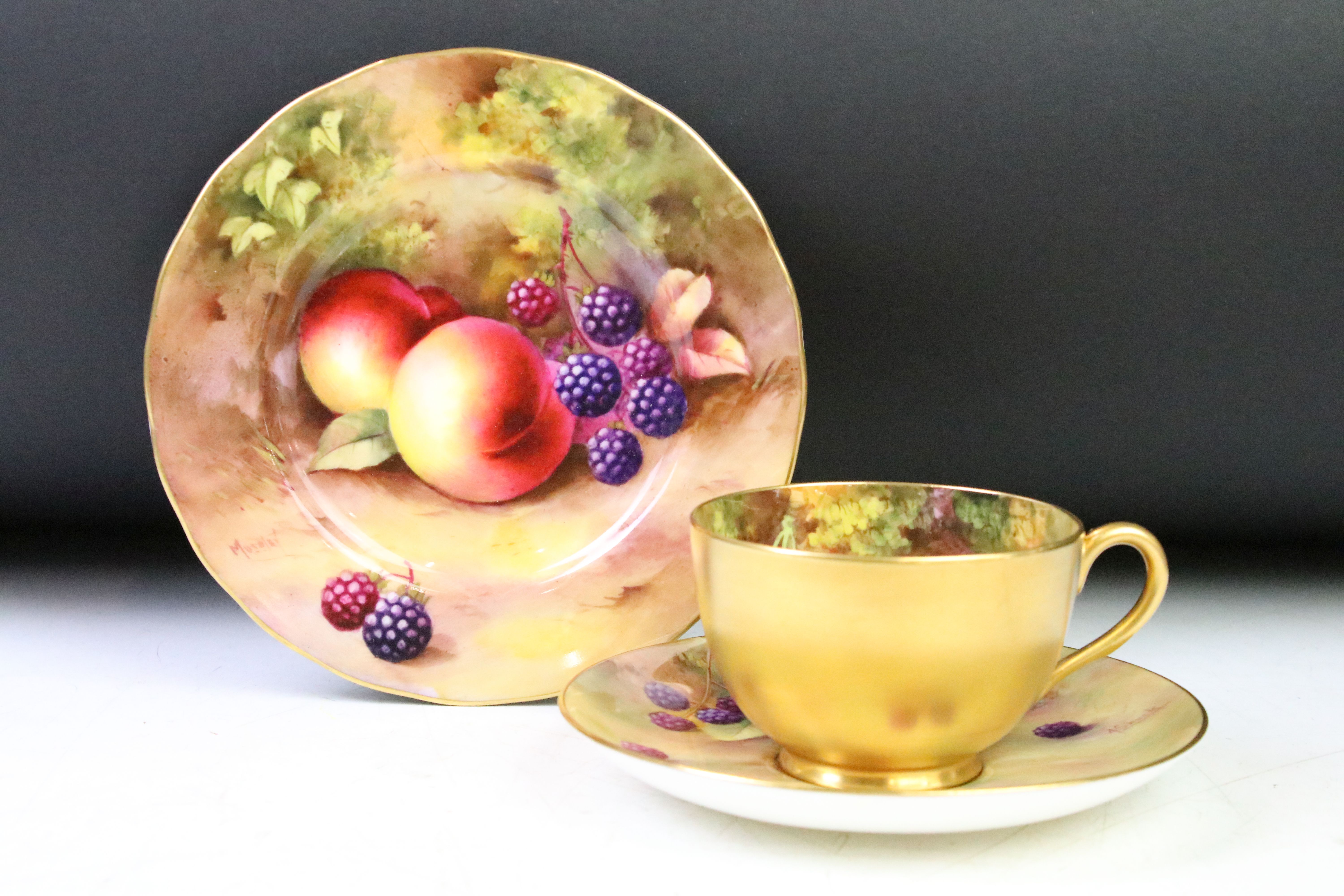 20th Century Royal Worcester hand painted cabinet teacup with hand painted fruit decoration of