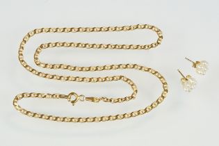 A ladies 9ct gold curb link necklace together with a pair of 9ct gold and freshwater pearl stud