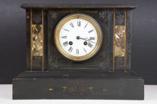 Victorian slate mantel clock with marble panels, the circular white enamel dial with Roman numerals,