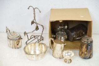 Collection of mixed silver plate to include examples with broad arrows to base (teapots / hot