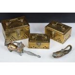 A small group of mixed metal ware to include brass boxes and locks in the form of animals