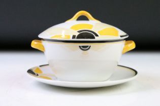 Shelley Art Deco Yellow & Black Sunray Pattern (no. 11742) lidded twin-handled bowl & stand, printed