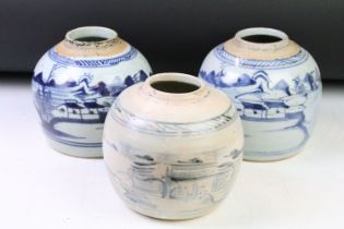 Three 19th Century Chinese blue and white ginger jars each being hand painted with under glazed