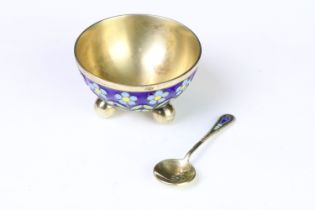 A Russian silver and enamel salt pot with floral enamel decoration, marked 916 with the sickle