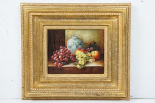 Oil on Panel Study of Fruit and Porcelain Jar on a ledge, 19cm x 24cm