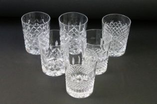 Group of six Waterford Crystal tumblers, featuring a Lismore pattern example, measure approx 11cm