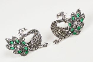 Pair of Silver Marcasite and Emerald set Earrings in the form of Swans