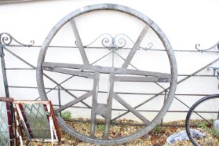 Large wooden pulley wheel, diameter measures approx 157cm