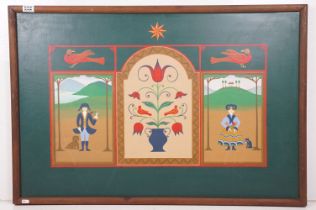 Continental style painted panel with figures, birds and stylised flowers, 65 x 98cm