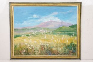 H. Stegghll, fields with Mount Tongariro in New Zealand beyond, oil on board, signed