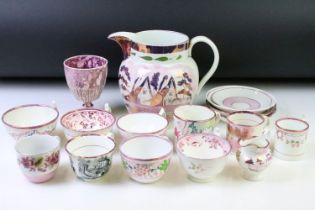 Collection of 19th century pink lustre ware ceramics to include jugs, teacups, mugs, goblets, tea