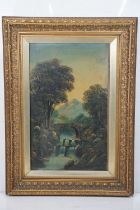 19th century English School, bridge with waterfall amongst wooded scene with mountains beyond, oil