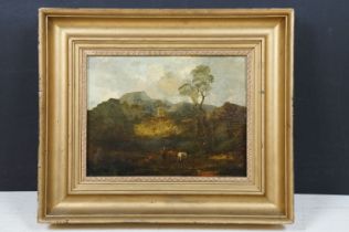 C B Milner 1835, Oil on Tin Classical Country Landscape with figure, cattle and mountains beyond