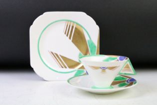 Shelley Art Deco Vogue Sunray pattern trio, in blue, green & gilt, pattern 11747, comprising cup,